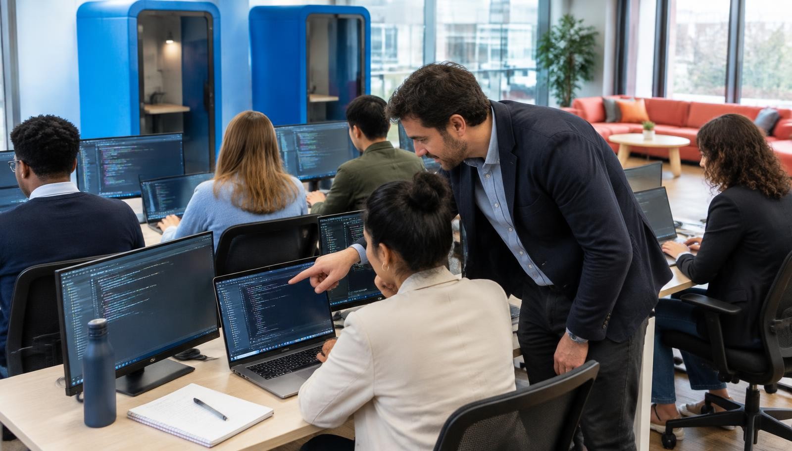 Business professionals learning AI tools in a training session